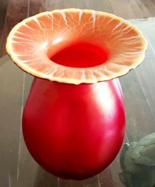 Rare German Art Glass Poschinger Glass Large Favrile Red Luster Crizzle Rim Vase