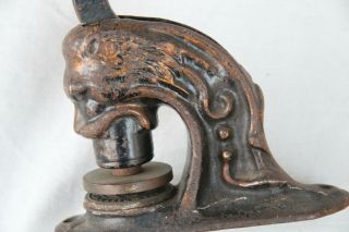VINTAGE CAST IRON LIONS HEAD PAPER STAMP EMBOSSER FOR BAY DISTRICT LAND COMPANY 10