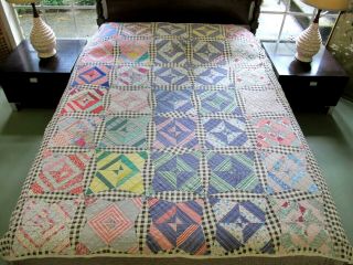 Vintage Hand Sewn Feed Sack Cotton Farm Made (?) Rocky Road To Kansas Quilt Twin