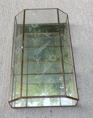 Antique Etched Glass Brass Mirror Back Curio Wall Display Shadowbox 15 In Tall