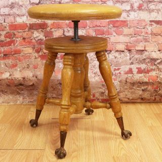Antique Oak Piano Stool - Adjustable/swivel - Glass Ball & Claw Feet