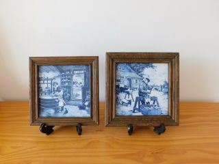 C.  20th - Vintage Dutch Holland 2 X Wood Framed Porcelain Blue & White Tiles