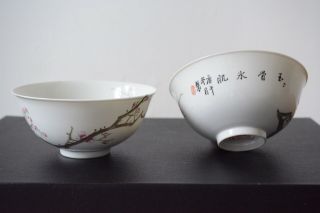 Fine Antique Chinese Republic Famille Rose Prunus Bowls Signed 1930