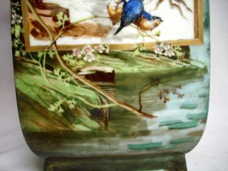 PAIR ANTIQUE HAND PAINTED PORCELAIN MATCHING BLUE BIRDS IN WINTER MANTLE VASES 12