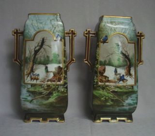 Pair Antique Hand Painted Porcelain Matching Blue Birds In Winter Mantle Vases