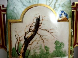 PAIR ANTIQUE HAND PAINTED PORCELAIN MATCHING BLUE BIRDS IN WINTER MANTLE VASES 6