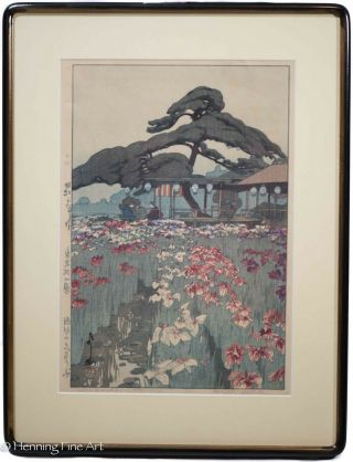 Hiroshi Yoshida Japanese Woodblock " Iris Garden In Horikiri " W/ Jizuri,  Fine Nm