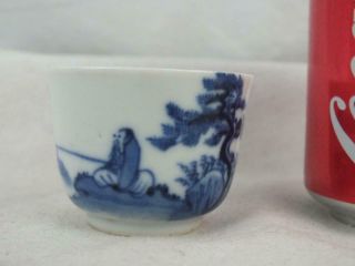 19th C Chinese 4 Character Marks Blue & White Fishing Figure Calligraphy Sm Bowl