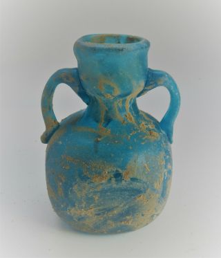 Ancient Roman Aqua Blue Glass Iridescent Twin Handled Aryballos Circa 100 - 300ad