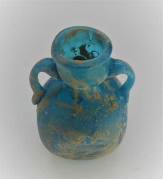 ANCIENT ROMAN AQUA BLUE GLASS IRIDESCENT TWIN HANDLED ARYBALLOS CIRCA 100 - 300AD 2