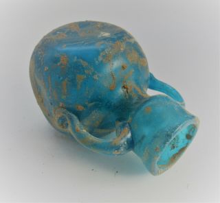 ANCIENT ROMAN AQUA BLUE GLASS IRIDESCENT TWIN HANDLED ARYBALLOS CIRCA 100 - 300AD 3