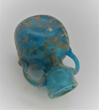 ANCIENT ROMAN AQUA BLUE GLASS IRIDESCENT TWIN HANDLED ARYBALLOS CIRCA 100 - 300AD 4