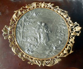 Unusual Antique 19th Century Pewter/spelter Plaque Comport In Gilt Bronze Frame