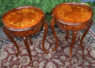 1910s Antique French Louis Xv Mahogany & Satinwood Inlay Side End Tables