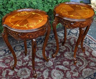 1910s Antique French Louis XV Mahogany & Satinwood inlay side End tables 2