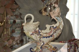 Antique Cherub Riding Swan Art Porcelain Art Figurine Figure Statue