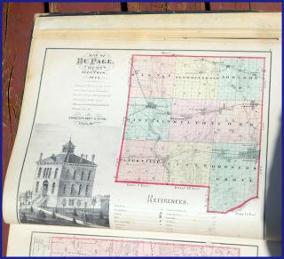 COMBINATION ATLAS DuPAGE COUNTY ILLINOIS 1874 after CIVIL WAR,  maps drawings 7