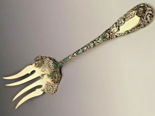 Chrysanthemum By Durgin Sterling Silver Beef Fork With Colored Enamel 7 5/8 "