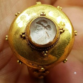 10.  8 Gr Roman King Face Seal Crystal Stone Intaglio 22k Gold Ring 64