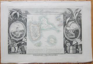 Levasseur: Large Colored Decorative Map Of Guadeloupe Caribbean - 1849