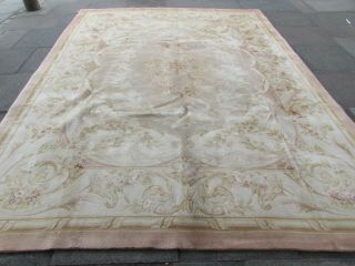 Old Hand Made Traditional French Wool Beige Aubusson Carpet 362x274cm
