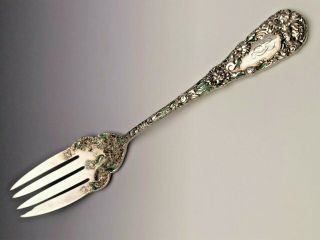 Chrysanthemum By Durgin Sterling Silver Large Meat Fork With Enamel Work 9.  25 "