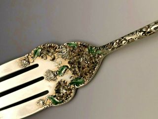 Chrysanthemum by Durgin Sterling Silver large Meat Fork with Enamel Work 9.  25 