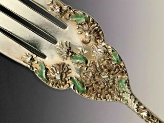 Chrysanthemum by Durgin Sterling Silver large Meat Fork with Enamel Work 9.  25 