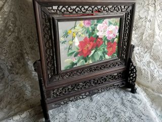 Chinese Embroidered Silk Table Screen Moutan Peony Wood Stand