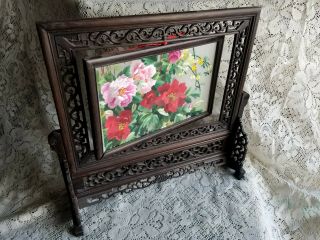 CHINESE EMBROIDERED SILK TABLE SCREEN Moutan peony wood stand 3