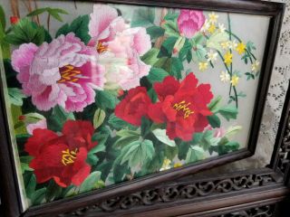 CHINESE EMBROIDERED SILK TABLE SCREEN Moutan peony wood stand 5