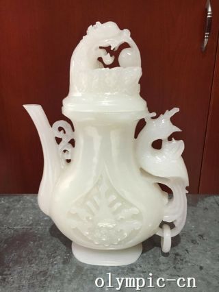10  Natural Afghan White Jade Auspicious Animal Dragon Phoenix Pot Teapot Cup