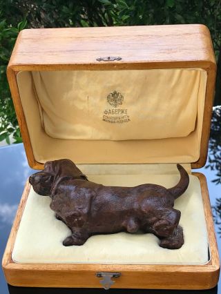 Antique Russian Faberge Mahogany Obsidian Gold Diamonds Red Enamel Basset Hound