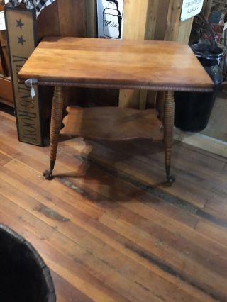 Antique Oak Library Table With Large Glass Ball Claw Feet.