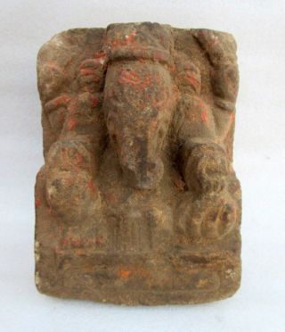 Antique Old Brown Sand Stone Hand Carved Hindu God Ganesha Holy Figure Statue