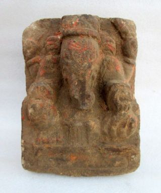 Antique Old Brown Sand Stone Hand Carved Hindu God Ganesha Holy Figure Statue 2