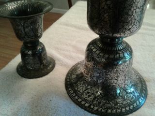 2 Antique Indian Bidri Ware Bronze spittoons - 18th Century Silver On Bronze 3