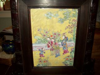 Antique Chinese Famille Rose Porcelain Tile Plaque Painting Wood Frame,  Stand