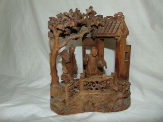 GREAT ANTIQUE CHINESE JAPANESE CARVED WOOD 3 FIGURE GROUP BUILDING with TREES 11