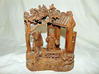 Great Antique Chinese Japanese Carved Wood 3 Figure Group Building With Trees