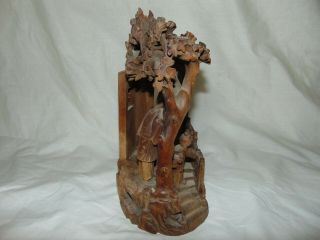 GREAT ANTIQUE CHINESE JAPANESE CARVED WOOD 3 FIGURE GROUP BUILDING with TREES 7