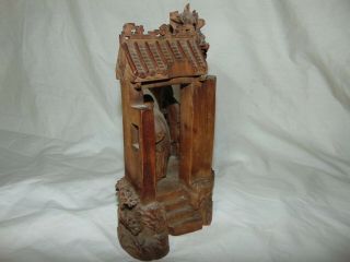 GREAT ANTIQUE CHINESE JAPANESE CARVED WOOD 3 FIGURE GROUP BUILDING with TREES 9
