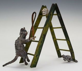 Antique C1900 Franz Bergman Vienna Bronze Miniature Figural Cat & Mice On Ladder