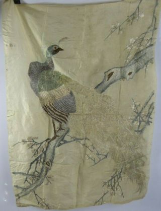 Chinese Antique Large Silk Embroidery Of A Peacock - Very Fine Qing C19th Bird
