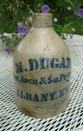 Vintage Salt Glazed Jug 1/2 Gal Advertising M.  Dugan Albany Ny Stoneware 2 Excel