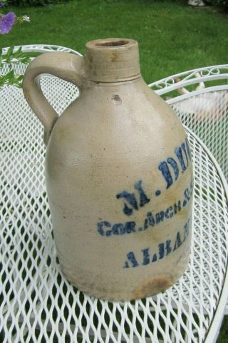 Vintage Salt Glazed Jug 1/2 Gal Advertising M.  Dugan Albany NY Stoneware 2 Excel 2