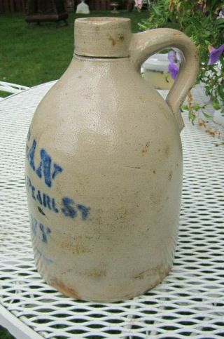 Vintage Salt Glazed Jug 1/2 Gal Advertising M.  Dugan Albany NY Stoneware 2 Excel 3