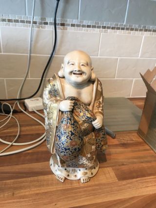 Large Satsuma Pottery Figure Robed Smiling Buddha Or Deity
