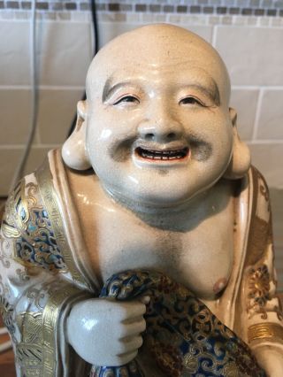 Large Satsuma Pottery Figure Robed Smiling Buddha Or Deity 3