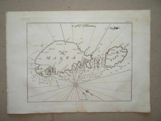 Isle Malta Gozo Wind Rose Recueil Plans Mer Méditerranée Roux Copper Map 1800